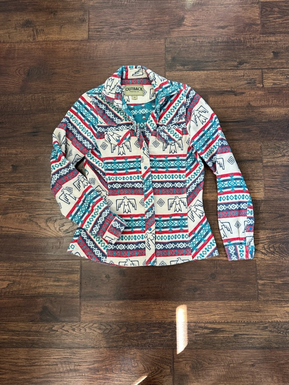 Outback Aztec Print Button-Up Shirt - Cream, Teal, Red